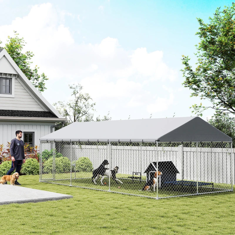 Heavy Duty Outdoor Dog Kennel – Waterproof Roof, 20×10×7 ft, Secure Dog Run